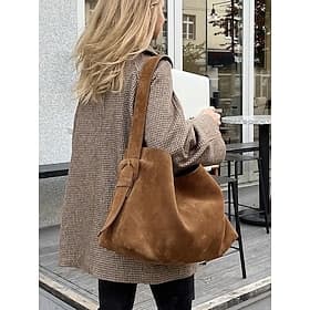Dameveske i semsket skinn - bohemsk stil, stor kapasitet, uformell vintage hobo-veske, egnet for daglig arbeid, reiser og shopping