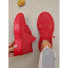 Baskets Flyknit rouges à semelle épaisse pour femme – Chaussures de sport respirantes à lacets pour un style streetwear décontracté et l'entraînement en salle