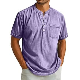 SoftFade™ Herren Henley Shirt 100% Baumwolle Acid Wash Shirt T-Shirt Oberteil Kurzarm Unifarben Retro Vintage Lässiger Knopfleiste Ausbleichung Ausgewaschenes