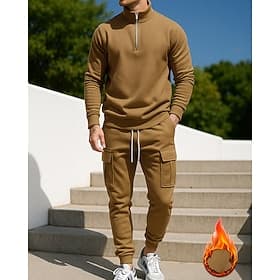 Men's 2 Piece Tracksuit Fleece Sweatsuit Sets Lounge Outfits Quarter Zipper Solid Colored Clothing Suit Fall Winter Black White Outdoor Travel Sports Warm Ba