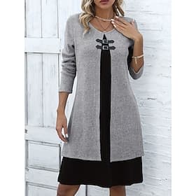 Women's Knee Length Dress A Line Dress Elegant Vacation Casual Regular Fit Solid Color Long Sleeve Crew Neck Yellow Pink Blue Green Fall Winter