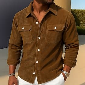 Homme Chemise en velours côtelé Noir Violet Marron Gris manche longue Uni Col Rabattu Occasionnel Extérieur Avec Poches Vêtement Tenue ancien Classique Occasio