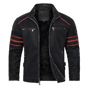 Men's Faux Leather Jacket Fleece Jacket Biker Jacket Motorcycle Jacket Vacation Daily Windproof Warm Patchwork Pocket Fall Winter Stripes Fashion Classic Stand