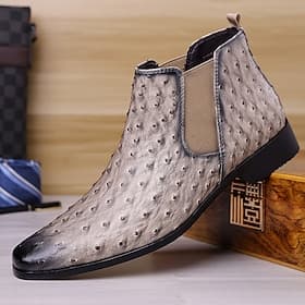 Men's Gray Faux Leather Chelsea Boots – Ostrich Pattern Slip-On Ankle Dress Shoes for Business, Formal Events and Daily Wear