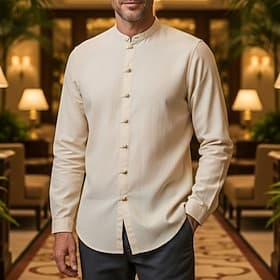 Men Shirt Linen Shirt Chinese Collar Shirt Mandarin Collar Shirt Casual Shirt Button Up Shirt Plain Casual Daily Black White Pink Wine Long Sleeve Grandad Coll