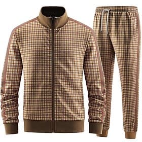 Men's Plaid Geometrical 2pcs 3D Sweatshirt Sets Tracksuit Zip Up Sweatshirts Long Sleeve Long pants Stand Collar Casual Daily Outdoor Vacation Athletic Zip Up