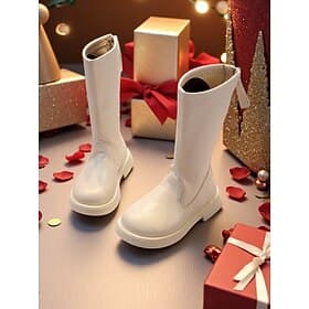 Chaussures de costume de pop star inspirées des idoles coréennes, bottes mi-mollet en similicuir blanc pour filles avec fermeture éclair latérale, semelle conf