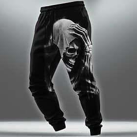 Herren Sensenmann Skelett Jogginghose Hose Mittlere Taille Kordelzug Elastischer Bund Dunkler Gothic-Stil Outdoor Ferien Sportliche Jogginghose mit Taschen Frü
