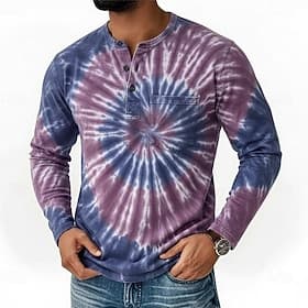 Men's Tie Dye Vintage Henley Shirt T shirt Tee Long Sleeve Retro Vintage Casual Casual Spring Fall All Seasons Blue Black Red Purple Henley Henley T-Shirt