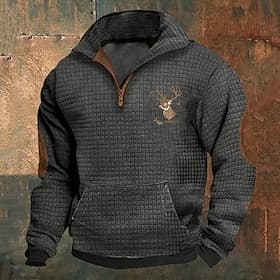 Men's Sweatshirt Waffle Sweatshirt Quarter Zip Sweatshirt Black Dark Gray Half Zip Reindeer Print Christmas Daily Holiday Polyester Streetwear Casual Spring