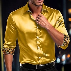 Herren Hemd Satinhemd Kleidhemd Freizeithemd Knopfhemd Einfach Lässig Urlaub Blau Weiß Rote Gold Langarm Revers Ganzjahres Bekleidung Knöpfe
