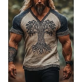 Herren T Shirt T-Shirt Kurzarmshirt Kurzarm V Ausschnitt Sommer Wikinger Baum des Lebens Yggdrasil Vintage Designer Ethno-Stil Druck Urlaub Straße Ausgehen Bla