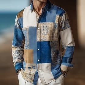Men's Color Block Patchwork Geometric Pattern Shirt Button Up Shirt Long Sleeve Vintage Retro Outdoor Casual Daily Spring Fall Turndown 3D Print Linen Like Shi