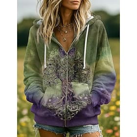 Women's 3D Print Vintage Boho Hoodie Patchwork Hoodie Sweatshirt Floral Zip Up Casual Hooded Street Dailywear Patchwork Zipper Pocket Light Purple Purple Brown