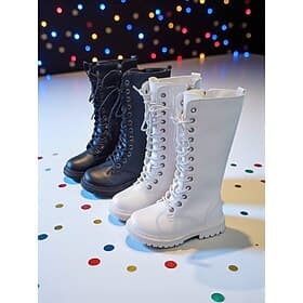 Korean Idol Inspired Pop Star Costume Shoes Girls' White Lace-Up Knee High Boots with Side Zipper, Chunky Sole Winter Fashion Footwear for Stage Performance an