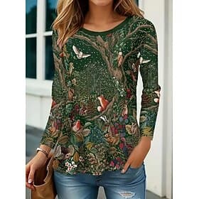 Women's T Shirt Print Floral Graphic Plants Vintage Stylish Classic Long Sleeve Crew Neck Round Neck Regular Tops Daily Green Spring Fall Winter