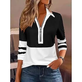 Per donna Blusa Patchwork Cerniera Geometrico Elegante Casual Manica Lunga Colletto a Camicia Top Regolari Quotidiano Blu Nero Vino Marrone chiaro Verde Primav