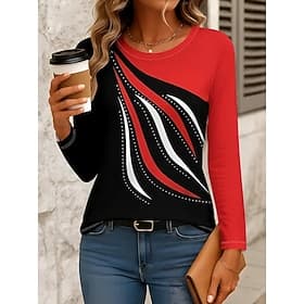 Women's T Shirt Print Graphic Geometric Striped Vintage Stylish Classic Long Sleeve Crew Neck Round Neck Regular Tops Daily Red Spring Fall Winter