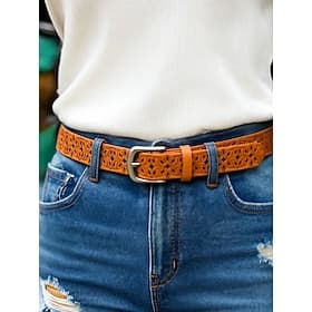 Women's Genuine Leather Belt – Vintage Floral Carved Design with Metal Buckle, Retro Waist Accessory for Jeans, Dresses Casual Outfits