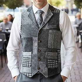 Men's Vest Waistcoat Gilet Vacation Party Business Fashion Casual Spring Fall Pocket Buttons Polyester Comfortable Plaid Single Breasted One-button Lapel Regul