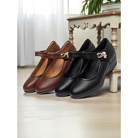 Women's Comfort Mary Jane Work Shoes with Low Wedge Heel - Black Brown Faux Leather Office Flats with Decorative Buckle for Daily Walking, Long Hours Standing