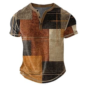 Men's Plaid Patchwork Henley Shirt Waffle T Shirt Short Sleeve Daily Retro Vintage Classic Sports Outdoor Casual Holiday Spring Summer All Seasons Dark Brown