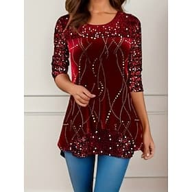 Damen Bluse Floral Elegant Stylisch Lässig Langarm Rundhals Regulär Oberteile Alltag Pailletten Patchwork Print Silber Wein Lila Fuchsia Gold Frühling Herbst W