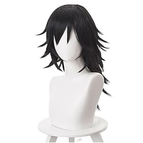 Cosplay-Perücken Herren Schichtfrisur 16 Zoll hitzebeständige Faser lockige schwarze Anime-Perücke für Jugendliche und Erwachsene Halloween-Perücken