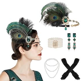 Women's 1920s Gatsby Flapper Style Jewelry Set -Peacock Feather Headband, Pearl Bracelet, Earrings, Necklace, and Gloves for Vintage Party and Evening Wear