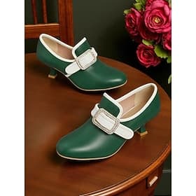 Women's Green 1920s Vintage Low Heel Pumps with Rhinestone Buckle – Retro Edwardian Style Dress Shoes for Gatsby Parties, Cosplay, and Formal Occasions