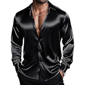 Men's Shirt Satin Shirt Dress Shirt Casual Shirt Button Up Shirt Plain Daily Vacation Light Blue Black White Wine Long Sleeve Lapel Spring Fall All Seasons C
