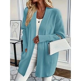 Dames Trui Vest Trui Elegant Modieus Casual Heldere kleur Geribd V-hals Open voorzijde Zak Gebreid Lange mouw Normale tops breien Dagelijks Buiten Weekend blau