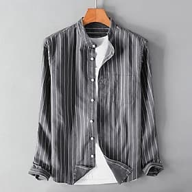 Men's Cotton Linen Shirt Chinese Collar Shirt Mandarin Collar Shirt Summer Shirt Beach Shirt Striped Shirts Striped Vacation Street Black White Gray Long Sleev
