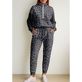 Damen Sweatshirt Trainingsanzug 2-teiliger Trainingsanzug Baggy Leopard Kombination Herbst Winter Dunkelgrau Berufung Outdoor Reise Leicht Mode Langarm Sport S