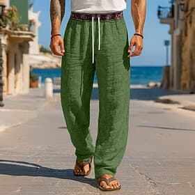 Men's Linen Pants Trousers Summer Pants Baggy Pants Beach Pants Drawstring Patchwork Elastic Waist Geometric Comfort Breathable Full Length Casual Daily Beach