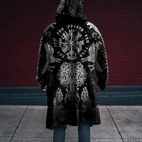 Herren Wikinger Wintermantel Fleecejacke Mantel Thermowarm Bequem Vintage Lässig Straße Alltagskleidung Reißverschluss Tasche 3D-Druck Herbst Winter Mit Kapuze