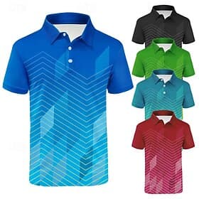 Men's Striped Sports Polo Shirts Golf Shirt Short Sleeve Polo Shirts Collared Shirts Casual Sportswear Vacation Wear Buttons 3D Print Lake blue Black Wine