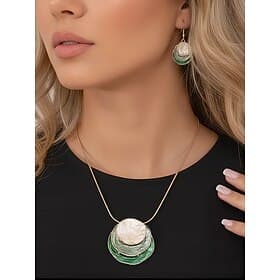 Women's Bohemian Layered Pendant Necklace and Dangle Earrings Set – Iridescent Shell Design, Statement Jewelry for Casual, and Party Outfits