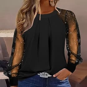Women's Lace Splicing Top Blouse Ruched Lace Patchwork Plain Elegant Stylish Long Sleeve Crew Neck Regular Tops Daily Holiday Going out Black Fall Winter