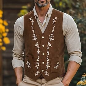 Men's Corduroy Vest Waistcoat Formal Wedding Vacation Casual Fashion Classic Spring Fall Pocket Buttons Comfortable Floral Single Breasted V Neck Lapel Regular