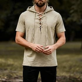 T-shirt viking médiéval en coton à manches courtes chemises à capuche hommes style rétro à lacets hippie correspondant costume de GN
