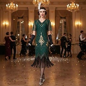 Set Goldene Zwanziger 1920er Midlänge Flapper Kleid Cocktailkleid Ausgefallene Kostüme mit Zubehör Kurze Ärmel Der große Gatsby Flapper-Mädchen Pailletten Quas