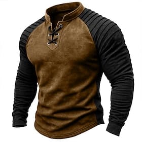 Men's Faux Suede T Shirt Henley Shirt Long Sleeve Vintage Stand Collar Fall Winter Spring Fall Color Block Knitwear Daily Casual Lace up Outdoor Causal Casual