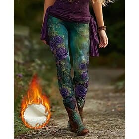 Women's Leggings Cozy Leggings Vintage Fashion Streetwear Full Length High WaistPantsUgly Christmas Floral Graphic Printing Fleece Thermal Warm Comfy Stretchy