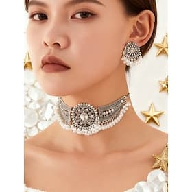 Ensemble de bijoux ras du cou en perles d'argent pour femmes pour la fête de Noël, ensemble collier en cristal vintage et boucles d'oreilles à tige pour les cé