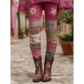 Women's Leggings Vacation Vintage Fashion Full Length High Waist Floral Graphic Drawstring Patchwork Printing Thermal Warm Soft Breathable Stretchy Daily Outdo
