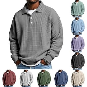 Herren Waffel-Poloshirts Textur Lässig Täglich Revers Langarm Streetwear Cool Einfach Klassicher Stil Strukturiert Herbst Frühling Herbst Normale Passform Arm
