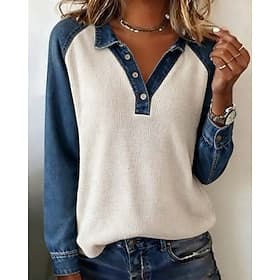 Women's Shirt Texture Blouse Waffle Lounge T-shirt T Shirt Patchwork Buttons Color Block Active Casual Long Sleeve Shirt Collar Regular Tops Daily Holiday Goin