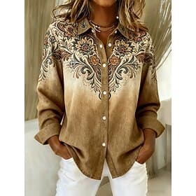 Women's Shirt Blouse Patchwork Buttons Print Graphic Geometric Abstract Vintage Stylish Modern Long Sleeve Shirt Collar Regular Tops Daily Blue Brown Green Kha
