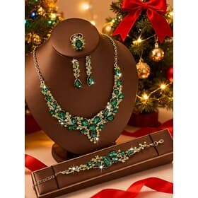 Women's Green Crystal Jewelry Set 4PCS, Elegant Necklace, Earrings, Bracelet Ring for Christmas Parties, Holiday Gifts Formal Events